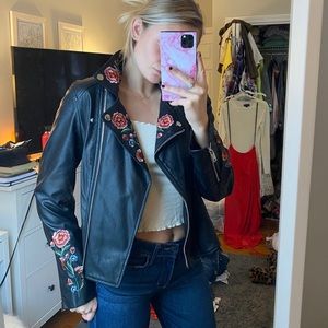 Flower embroidered faux leather jacket
